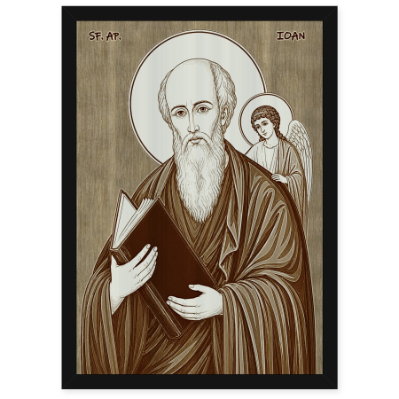 Icoane Sfinti - Icoana Sfantul Apostol si Evanghelist Ioan - icoana pirogravata pe lemn de plop cu rama neagra