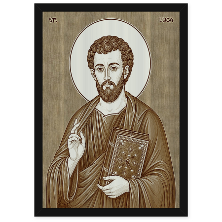  Icoane Sfinti - Icoana Sfantul Apostol si Evanghelist Luca - icoana pirogravata pe lemn de plop cu rama neagra