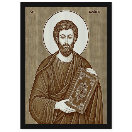  Icoane Sfinti - Icoana Sfantul Apostol si Evanghelist Marcu - icoana pirogravata pe lemn de plop cu rama neagra