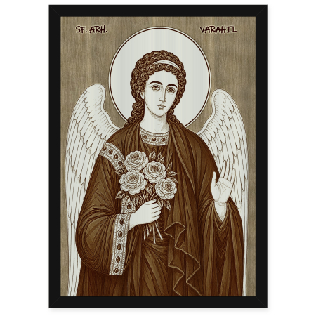 Catalog Icoane - Icoana Sfantul Arhanghel Varahil - icoana pirogravata pe lemn de plop cu rama neagra