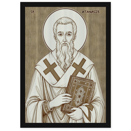 Catalog Icoane - Icoana Sfantul Atanasie cel Mare - icoana pirogravata pe lemn de plop cu rama neagra