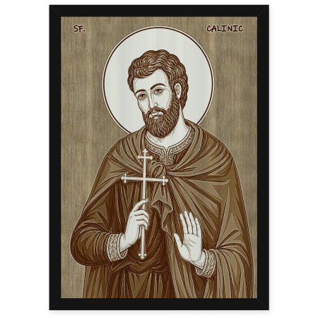 Catalog Icoane - Icoana Sfantul Calinic de la Cernica - icoana pirogravata pe lemn de plop cu rama neagra