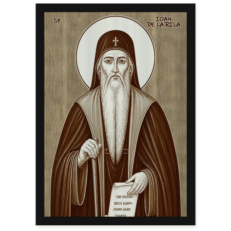  Icoane Sfinti - Icoana Sfantul Cuvios Ioan de la Rila - icoana pirogravata pe lemn de plop cu rama neagra