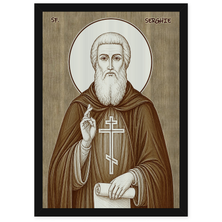 Catalog Icoane - Icoana Sfantul Cuvios Serghie de Radonej - icoana pirogravata pe lemn de plop cu rama neagra