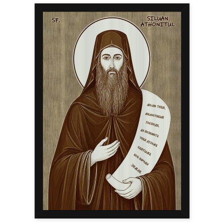 Catalog Icoane - Icoana Sfantul Cuvios Siluan Athonitul - icoana pirogravata pe lemn de plop cu rama neagra