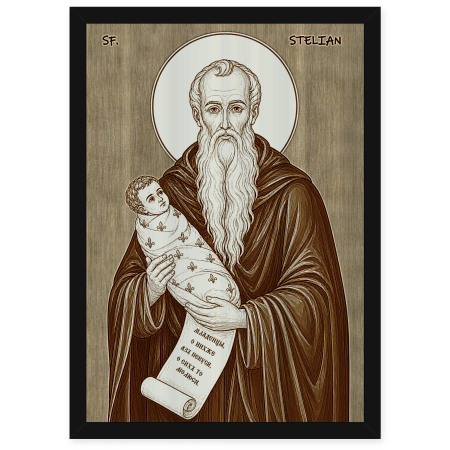 Catalog Icoane - Icoana Sfantul Cuvios Stelian Paflagonul, ocrotitorul copiilor - icoana pirogravata pe lemn de plop cu rama neagra