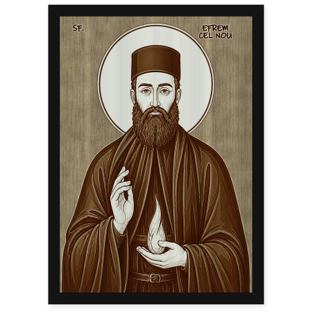 Catalog Icoane - Icoana Sfantul Efrem cel Nou - icoana pirogravata pe lemn de plop cu rama neagra