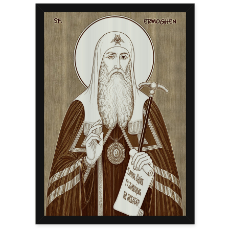 Icoane Sfinti - Icoana Sfantul Ermoghen, Patriarhul Moscovei - icoana pirogravata pe lemn de plop cu rama neagra