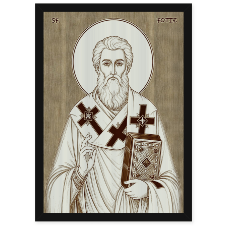 Icoane Sfinti - Icoana Sfantul Fotie cel Mare, Patriarhul Constantinopolului - icoana pirogravata pe lemn de plop cu rama neagra