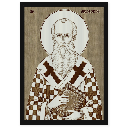 Icoane Sfinti - Icoana Sfantul Grigorie Teologul - icoana pirogravata pe lemn de plop cu rama neagra
