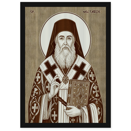 Icoane Sfinti - Icoana Sfantul Ierarh Nectarie de la Eghina, facatorul de minuni - icoana pirogravata pe lemn de plop cu rama neagra