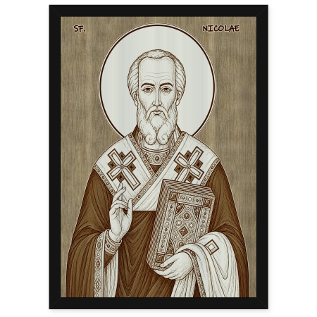 Catalog Icoane - Icoana Sfantul Ierarh Nicolae, Arhiepiscopul Mirelor Lichiei - icoana pirogravata pe lemn de plop cu rama neagra
