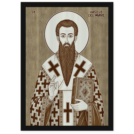 Catalog Icoane - Icoana Sfantul Ierarh Vasile cel Mare - icoana pirogravata pe lemn de plop cu rama neagra