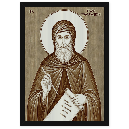  Icoane Sfinti - Icoana Sfantul Ioan Damaschin - icoana pirogravata pe lemn de plop cu rama neagra