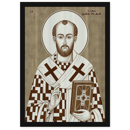  Icoane Sfinti - Icoana Sfantul Ioan Gura de Aur - icoana pirogravata pe lemn de plop cu rama neagra