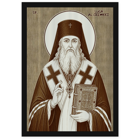  Icoane Sfinti - Icoana Sfantul Luca al Crimeei, doctorul fara de arginti - icoana pirogravata pe lemn de plop cu rama neagra