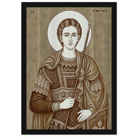 Catalog Icoane - Icoana Sfantul Mare Mucenic Dimitrie, Izvoratorul de Mir - icoana pirogravata pe lemn de plop cu rama neagra