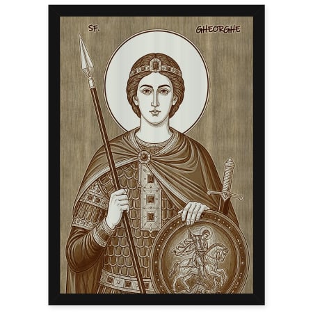 Catalog Icoane - Icoana Sfantul Mare Mucenic Gheorghe, Purtatorul de Biruinta - icoana pirogravata pe lemn de plop cu rama neagra