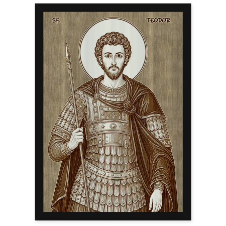 Catalog Icoane - Icoana Sfantul Mare Mucenic Teodor Stratilat - icoana pirogravata pe lemn de plop cu rama neagra