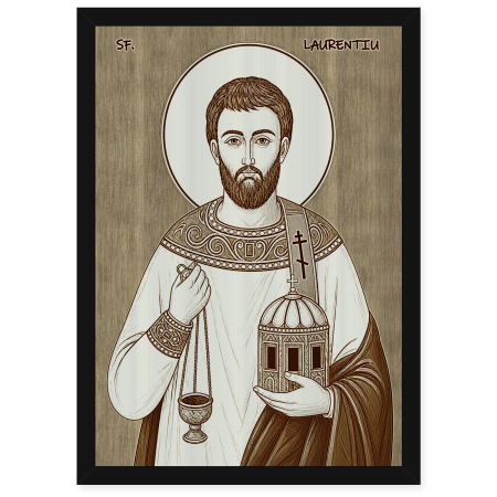 Icoane Sfinti - Icoana Sfantul Mucenic Arhidiacon Laurentiu - icoana pirogravata pe lemn de plop cu rama neagra