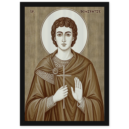 Catalog Icoane - Icoana Sfantul Mucenic Bonifatie - icoana pirogravata pe lemn de plop cu rama neagra
