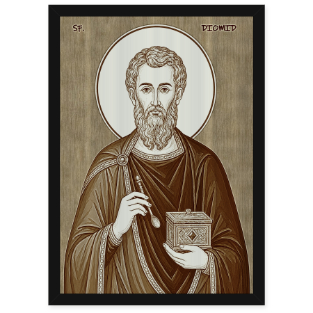 Catalog Icoane - Icoana Sfantul Mucenic Diomid - icoana pirogravata pe lemn de plop cu rama neagra