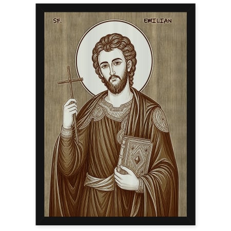 Icoane Sfinti - Icoana Sfantul Mucenic Emilian de la Durostor - icoana pirogravata pe lemn de plop cu rama neagra