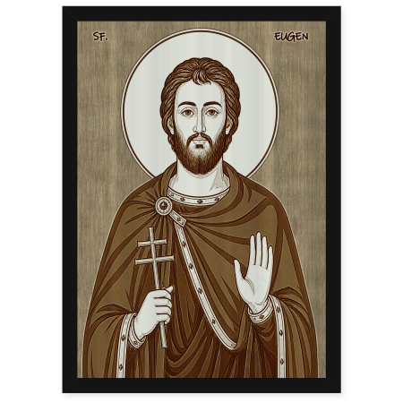 Icoane Sfinti - Icoana Sfantul Mucenic Eugen - icoana pirogravata pe lemn de plop cu rama neagra