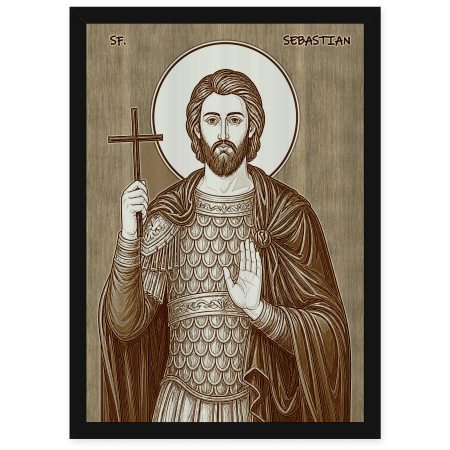 Catalog Icoane - Icoana Sfantul Mucenic Sebastian - icoana pirogravata pe lemn de plop cu rama neagra