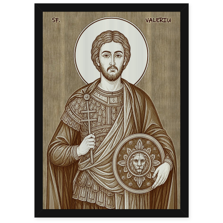 Catalog Icoane - Icoana Sfantul Mucenic Valeriu - icoana pirogravata pe lemn de plop cu rama neagra