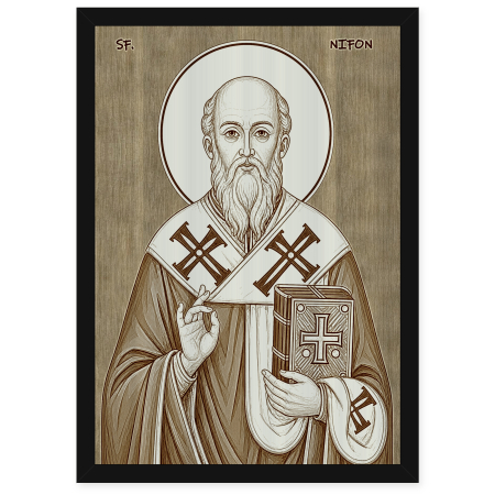 Catalog Icoane - Icoana Sfantul Nifon, Patriarhul Constantinopolului - icoana pirogravata pe lemn de plop cu rama neagra