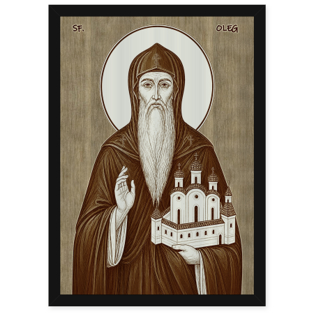 Catalog Icoane - Icoana Sfantul Oleg de Briansk - icoana pirogravata pe lemn de plop cu rama neagra