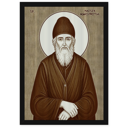 Catalog Icoane - Icoana Sfantul Paisie Aghioritul - icoana pirogravata pe lemn de plop cu rama neagra