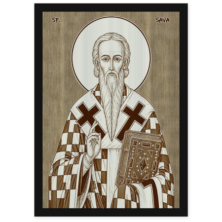 Catalog Icoane - Icoana Sfantul Sava cel Sfintit - icoana pirogravata pe lemn de plop cu rama neagra
