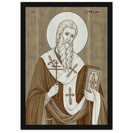 Catalog Icoane - Icoana Sfantul Sfintit Mucenic Ciprian - icoana pirogravata pe lemn de plop cu rama neagra