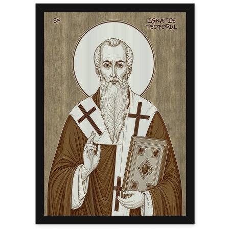 Icoane Sfinti - Icoana Sfantul Sfintit Mucenic Ignatie Teoforul - icoana pirogravata pe lemn de plop cu rama neagra