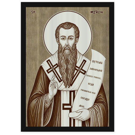 Catalog Icoane - Icoana Sfantul Sfintit Mucenic Miron - icoana pirogravata pe lemn de plop cu rama neagra