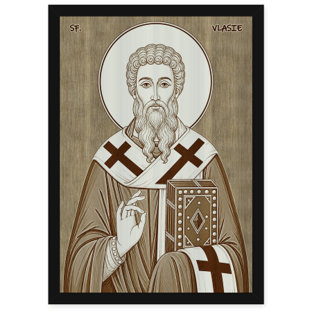Catalog Icoane - Icoana Sfantul Sfintit Mucenic Vlasie - icoana pirogravata pe lemn de plop cu rama neagra