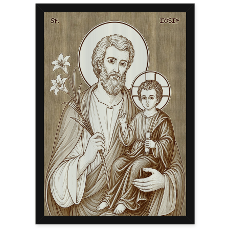  Icoane Sfinti - Icoana Sfantul si Dreptul Iosif cu Pruncul - icoana pirogravata pe lemn de plop cu rama neagra