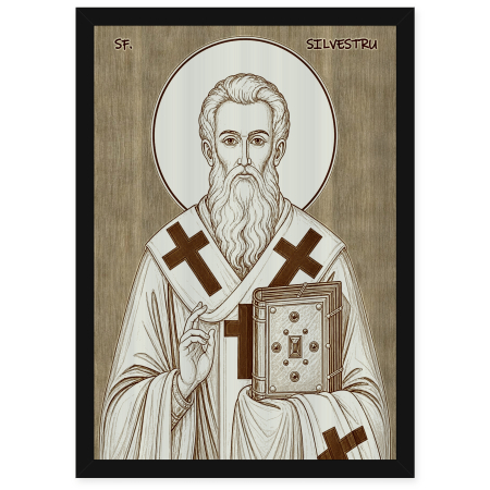 Catalog Icoane - Icoana Sfantul Silvestru, Episcopul Romei - icoana pirogravata pe lemn de plop cu rama neagra
