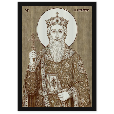 Catalog Icoane - Icoana Sfantul Voievod Vladimir, luminatorul Rusiei - icoana pirogravata pe lemn de plop cu rama neagra