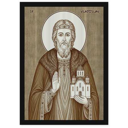 Catalog Icoane - Icoana Sfantul Voievod Vladislav al Serbiei - icoana pirogravata pe lemn de plop cu rama neagra