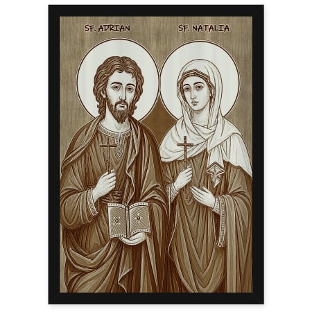 Icoane Sfinti - Icoana Sfintii Adrian si Natalia - icoana pirogravata pe lemn de plop cu rama neagra