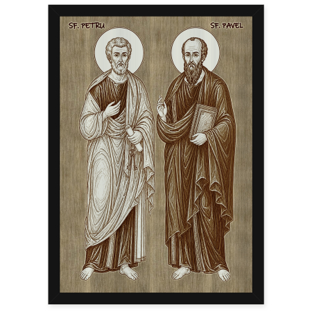 Catalog Icoane - Icoana Sfintii Apostoli Petru si Pavel - icoana pirogravata pe lemn de plop cu rama neagra