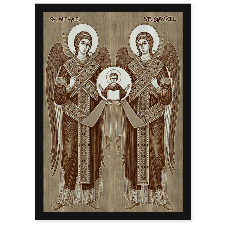  Icoane Sfinti - Icoana Sfintii Arhangheli Mihail si Gavriil - icoana pirogravata pe lemn de plop cu rama neagra