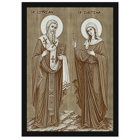 Catalog Icoane - Icoana Sfintii Ciprian si Iustina - icoana pirogravata pe lemn de plop cu rama neagra