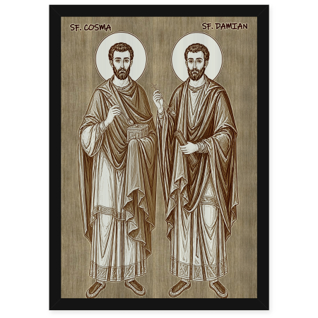Catalog Icoane - Icoana Sfintii Doctori fara de arginti Cosma si Damian - icoana pirogravata pe lemn de plop cu rama neagra