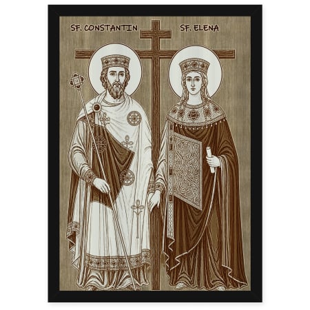 Icoane Sfinti - Icoana Sfintii Imparati Constantin si Elena - icoana pirogravata pe lemn de plop cu rama neagra