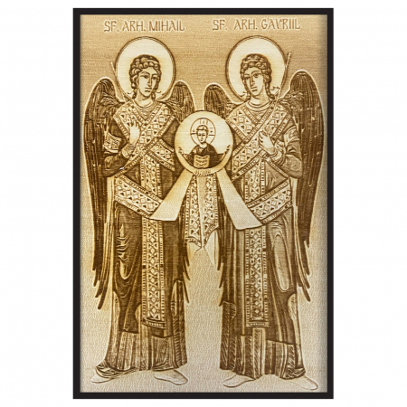 Icoana Sfintilor Mihail si Gavril Pirogravata in Lemn Catalog Icoane - Icoana Sfintilor Mihail si Gavril Pirogravata in Lemn