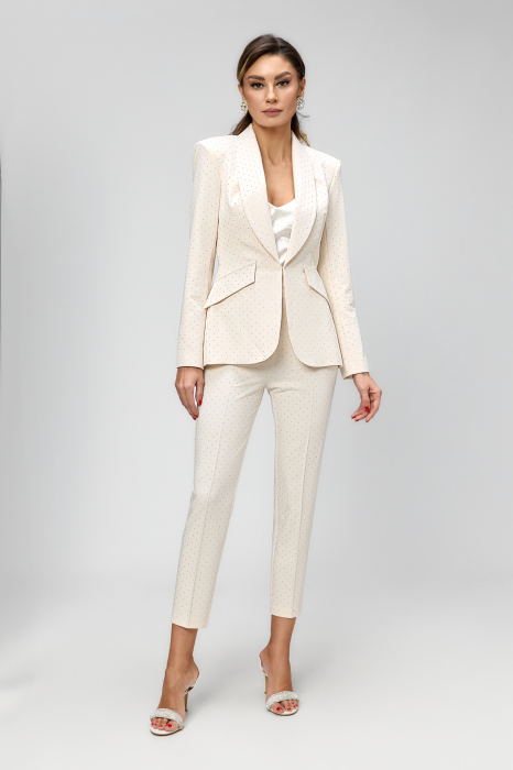 Compleu ecru, elegant, din stofa, cristale si pantaloni conici cu talia inalta BBY 20609 [2]